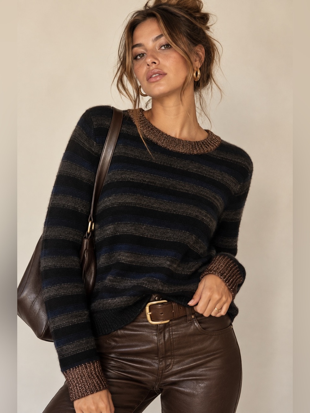 White + Warren 92% Cashmere Striped Metallic Trim Sweater Black Navy S